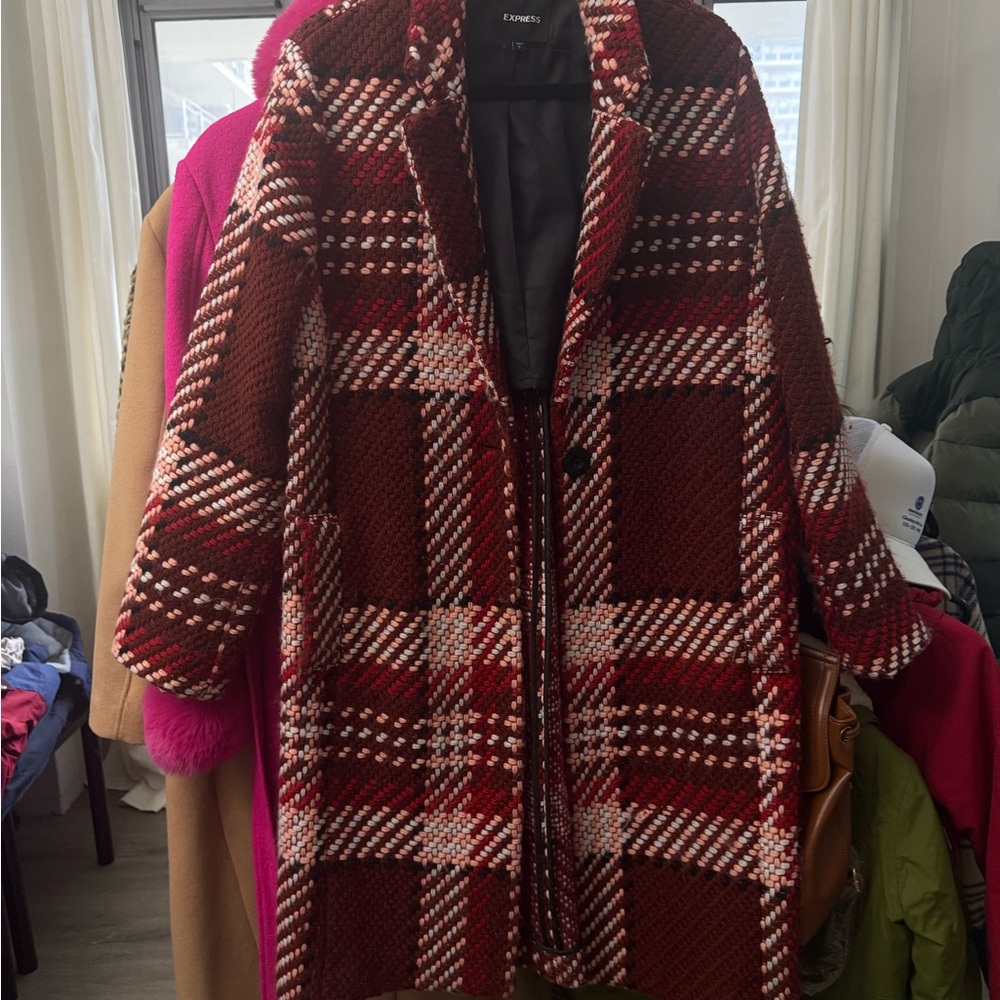 Express Red and White Plaid Teddy Jacket